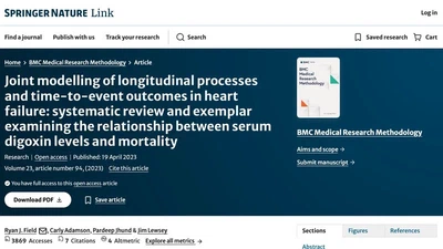 Joint modelling of longitudinal processes and time-to-event outcomes in heart failure: systematic review and exemplar examining the relationship between serum digoxin levels and mortality featured image